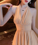 ホルターネック ドット柄 エレガント ロングドレス 着瘦せ 同伴 XH2-JY3967