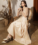 Vネック レース 刺繡 宴会 新年会 ピカピカ パーティードレス ロングドレス YN2074