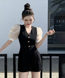 オールインワン 可愛い パフスリーブ 高級感 着瘦せ Ⅴネック XH2-ZED889471GT347