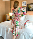 花柄 タイトドレス レトロ調 スクエアネック スリムドレス 高級感 プリーツ XH2-JY4195