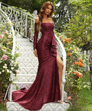 ブニングドレス 女性パーティー長袖マーメイドエレガントスクエアネックロングドレスXY2-PC-XH1167