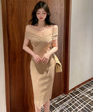 【4色】ニットドレス オフショルダー 淑やか エレガント 気質 セクシー XH2-MLS7160