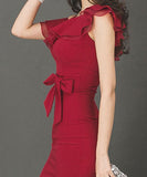 キャバドレス 披露宴 エレガント フリル レッド 韓国スタイル セクシーXH2-ZED88889N14