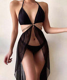 【3色】水着 チェーン hot girl パレオ付き セクシー ホルターネック 三角ビキニ XH7-CJ-Y016