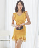 ミニドレス セクシー チュール フリル 大人 Ⅴネック イエロー XH2-ZED88139A07