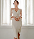 Vネック ひざ丈ドレス   ゴージャス レース  高級感  二次会  LT2-ZED889060BM131