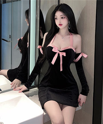 エロかわいい キャバドレス リボン ホルターネック 谷間魅せ XH2-18YX0912