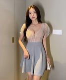 キャバドレス ミニドレス キャバ嬢 ピカピカ かわいい 肌見せ Vネック 新作 Aライン 指名 MY2-YM8652