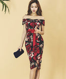 花柄 セクシー オフショルダー エレガント 気質 宴会 パーティー XH2-ZED88703E