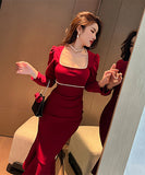 【2色】スクエアネック 高品質 小顔効果 真珠 宴会 ナイトドレス 披露宴 XH2-JY6017