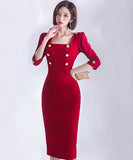 レッドドレス スクエアネック セクシー エレガント アームカバー タイトドレス XH2-ZED882535BH506