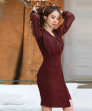 レディースドレス エレガント 女性 カジュアル ワンピース ドレス 韓国 長袖 Vネック XY2-ZRD885661A71