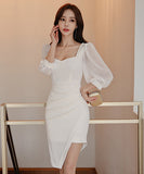 ミニドレスス クエアネック セクシー パフスリーブ エレガント 非対称 XH2-ZED886535BH506