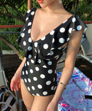 ビキニモノキニセクシーⅤネック水玉柄フリル温泉水着XH7-XYX1916