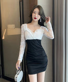 【2色】秋新作 キャバドレス Ⅴネック セクシー 谷間魅 可愛い レース XH2-LQE539