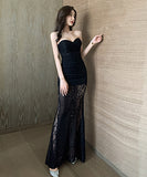 レース  ロングドレス 宴会 パーティー ワンショルダー 脚長効果 ゴージャス  LT2-YM9106