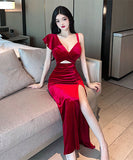 【2色】ロングドレス 非対称 谷間魅せ セクシー 宴会 スリット 脚長効果 XH2-MLS7645