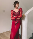 エレガント Ⅴネック 谷間魅せ 刺繡 高級感 宴会 演奏会 ロングドレス 淑女 XH2-YFTK5.6