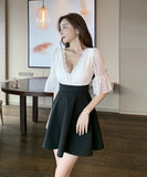 セクシー カラーマッチング レース ワンピース レディース ハイウエスト フリル Aライン スカート YM8595