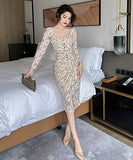 高級感 膝丈ドレス 宴会 結婚式 レース セレブ風 淑女 エレガント XH2-JY20171