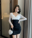 【2色】秋新作 キャバドレス Ⅴネック セクシー 谷間魅 可愛い レース XH2-LQE539