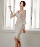 Vネック ひざ丈ドレス   ゴージャス レース  高級感  二次会  LT2-ZED889060BM131