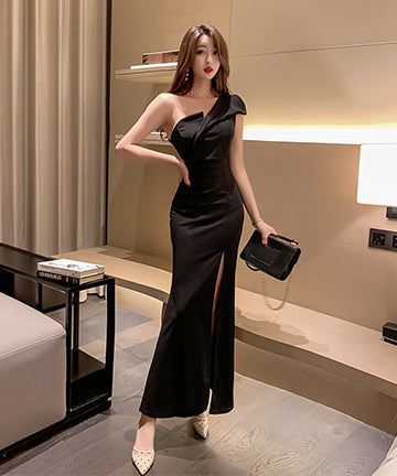 【2色】ワンショルダー 非対称 セクシー スリット 宴会 エレガント XH2-MLS3983