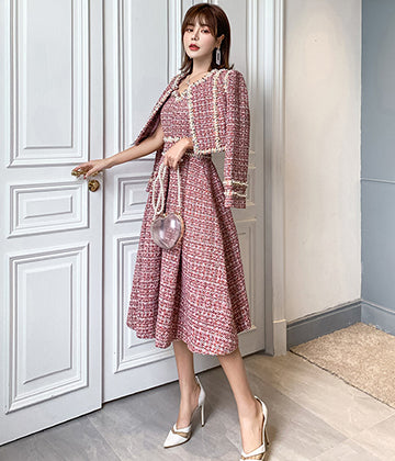 【2点セット】コート＋ドレス  真珠飾る 高級感  名媛風  かわいい  新作  キャバスーツ  LT2-LML9285#