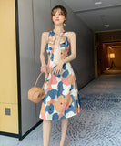 レトロ調花柄ミニドレスAラインリボン大人可愛いXH2-JY3858