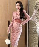 Vネック  レース  ロングドレス  セクシー  二次会  着瘦せ  高級感  披露宴  LT2-JY20158