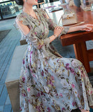 Ⅴネック 花柄 ロングドレス 通勤 淑やか 脚長効果 大人可愛い XH2-QYF33360X3827069