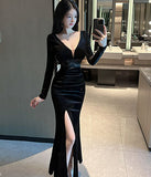 ベロア  ロングドレス  キャバドレス  着痩せ  谷間魅せ  脚長効果  セクシー  披露宴  LT2-MLS7629