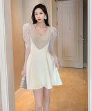 2色   ミニドレス  チュール  Vネック 谷間魅せ 新作 セクシー 脚長効果 LT2- JY5332