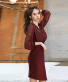 レディースドレス エレガント 女性 カジュアル ワンピース ドレス 韓国 長袖 Vネック XY2-ZRD885661A71