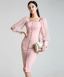 可愛い パフスリーブ エレガント 淑女 新作 スクエアネック セクシー 同伴 XH2-ZED88772A