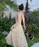 サンドレス 花柄 旅 ホルターネック 海辺 仙女風 XH2‐YY-NRJ2LEQE288-B