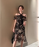 ホルターネック チュール 花柄 フリル 淑やか セクシー XH2-JY1938