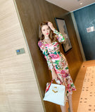 花柄 タイトドレス レトロ調 スクエアネック スリムドレス 高級感 プリーツ XH2-JY4195