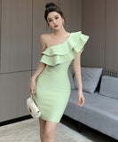 【green&gray】ミニドレスパーティーワンショルダーフリル宴会 XH2-ZED889544GT347