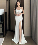 2色  レース  Vネック   ロングドレス  パーティードレス  脚長効果  ゴージャス  LT2-YM9108