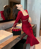 【2色】スクエアネック 高品質 小顔効果 真珠 宴会 ナイトドレス 披露宴 XH2-JY6017