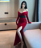 ベロア  ロングドレス  キャバドレス  着痩せ  谷間魅せ  脚長効果  セクシー  披露宴  LT2-MLS7629