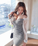 チェック柄 オフショルダー 大人かわいい セクシー 新作 ドレス ミニドレス MY2-ZED888383BH538