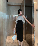 ホルターネック 膝丈ドレス フリル 可愛い 着瘦せ 宴会 XH2-JY1772