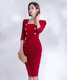 レッドドレス スクエアネック セクシー エレガント アームカバー タイトドレス XH2-ZED882535BH506