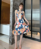 レトロ調花柄ミニドレスAラインリボン大人可愛いXH2-JY3858