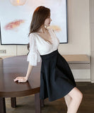 セクシー カラーマッチング レース ワンピース レディース ハイウエスト フリル Aライン スカート YM8595