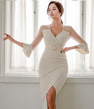 Vネック ひざ丈ドレス   ゴージャス レース  高級感  二次会  LT2-ZED889060BM131