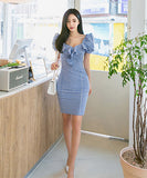 【2色】チェック柄 キャバドレス 可愛い フリル 同伴 セクシー パフスリープ XH2-ZED888358BM131