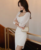 ミニドレスス クエアネック セクシー パフスリーブ エレガント 非対称 XH2-ZED886535BH506